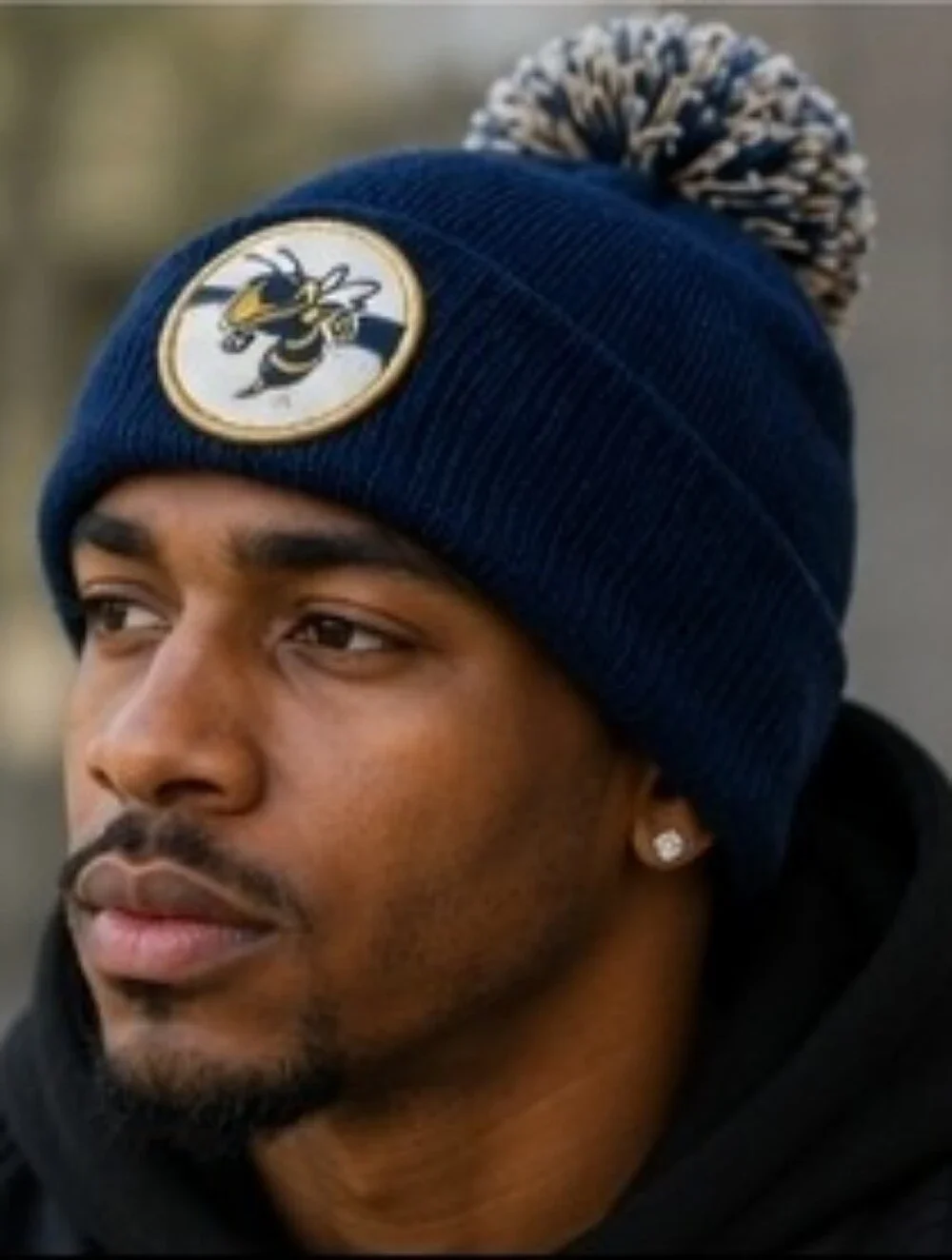 Navy Pom Georgia Tech Adidas Beanie Hat with Patch - Men Accessories